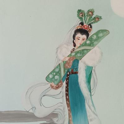 LOT 136: 'Madonna of the Doves' Print on Textile by Lu-Hung-Nien, 3 Ink Prints on Paper & Oil Painting of a Woman by C. Ming