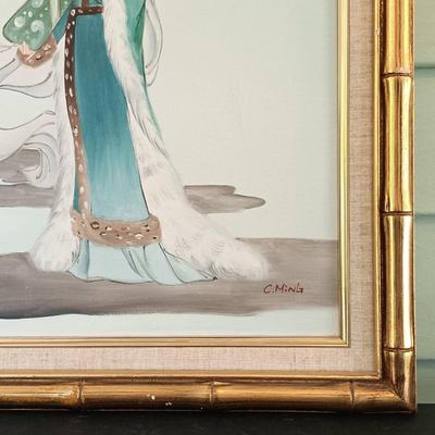 LOT 136: 'Madonna of the Doves' Print on Textile by Lu-Hung-Nien, 3 Ink Prints on Paper & Oil Painting of a Woman by C. Ming