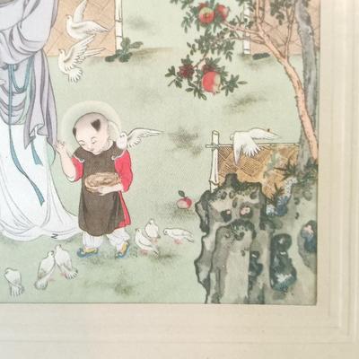 LOT 136: 'Madonna of the Doves' Print on Textile by Lu-Hung-Nien, 3 Ink Prints on Paper & Oil Painting of a Woman by C. Ming