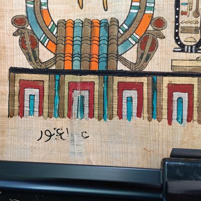 LOT 137: Isis Papyrus Exhibition Painting on Papyrus with COA, Signed Painting of Queen Nefertiti's Tomb on Papyrus & More