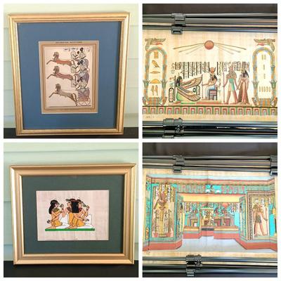LOT 137: Isis Papyrus Exhibition Painting on Papyrus with COA, Signed Painting of Queen Nefertiti's Tomb on Papyrus & More