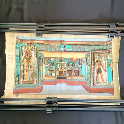 LOT 137: Isis Papyrus Exhibition Painting on Papyrus with COA, Signed Painting of Queen Nefertiti's Tomb on Papyrus & More