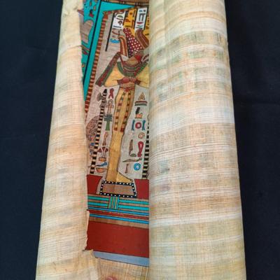 LOT 137: Isis Papyrus Exhibition Painting on Papyrus with COA, Signed Painting of Queen Nefertiti's Tomb on Papyrus & More