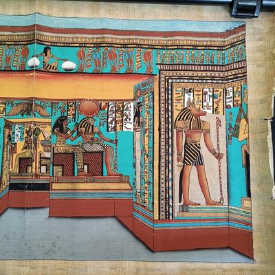LOT 137: Isis Papyrus Exhibition Painting on Papyrus with COA, Signed Painting of Queen Nefertiti's Tomb on Papyrus & More