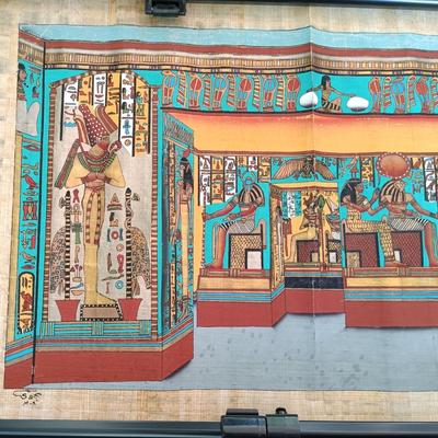 LOT 137: Isis Papyrus Exhibition Painting on Papyrus with COA, Signed Painting of Queen Nefertiti's Tomb on Papyrus & More