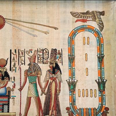 LOT 137: Isis Papyrus Exhibition Painting on Papyrus with COA, Signed Painting of Queen Nefertiti's Tomb on Papyrus & More