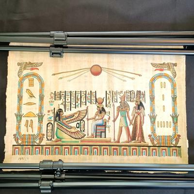 LOT 137: Isis Papyrus Exhibition Painting on Papyrus with COA, Signed Painting of Queen Nefertiti's Tomb on Papyrus & More
