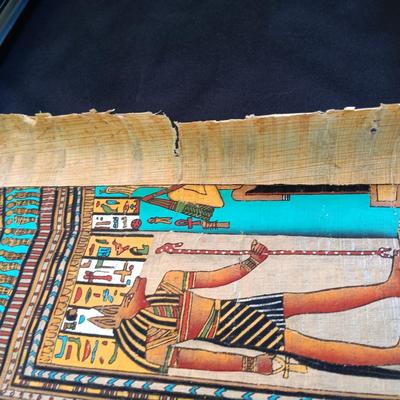 LOT 137: Isis Papyrus Exhibition Painting on Papyrus with COA, Signed Painting of Queen Nefertiti's Tomb on Papyrus & More