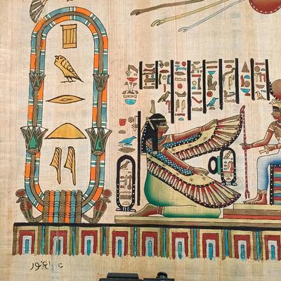 LOT 137: Isis Papyrus Exhibition Painting on Papyrus with COA, Signed Painting of Queen Nefertiti's Tomb on Papyrus & More