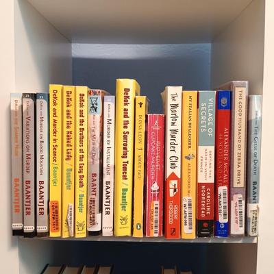 LOT 140: Large Lot of Books with Bookshelf Featuring Anne Rice, Janet Evanovich, Ann Cleeves & More