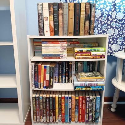 LOT 140: Large Lot of Books with Bookshelf Featuring Anne Rice, Janet Evanovich, Ann Cleeves & More