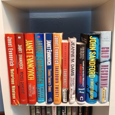 LOT 140: Large Lot of Books with Bookshelf Featuring Anne Rice, Janet Evanovich, Ann Cleeves & More