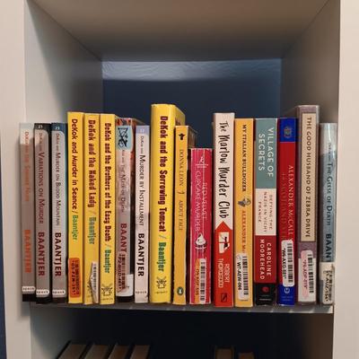 LOT 140: Large Lot of Books with Bookshelf Featuring Anne Rice, Janet Evanovich, Ann Cleeves & More