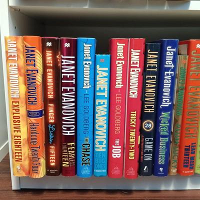 LOT 140: Large Lot of Books with Bookshelf Featuring Anne Rice, Janet Evanovich, Ann Cleeves & More