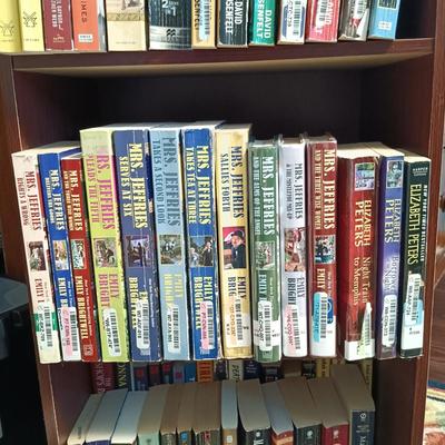 LOT 141: Large Collection of Mystery Novels with Bookshelf Featuring Ngaio Marsi, Martha Grimes, Emily Brightwell & More