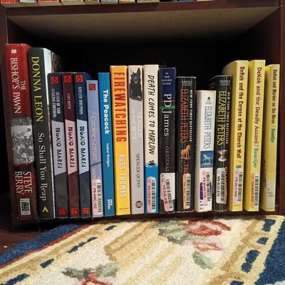 LOT 141: Large Collection of Mystery Novels with Bookshelf Featuring Ngaio Marsi, Martha Grimes, Emily Brightwell & More