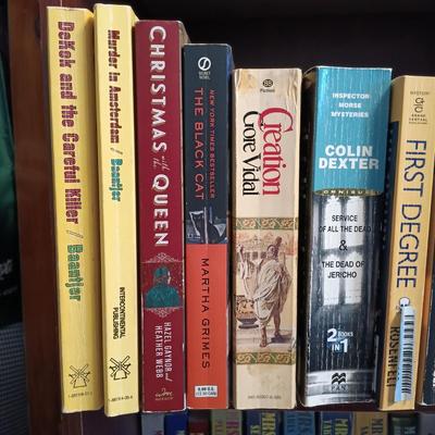 LOT 141: Large Collection of Mystery Novels with Bookshelf Featuring Ngaio Marsi, Martha Grimes, Emily Brightwell & More