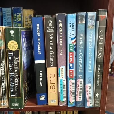 LOT 141: Large Collection of Mystery Novels with Bookshelf Featuring Ngaio Marsi, Martha Grimes, Emily Brightwell & More