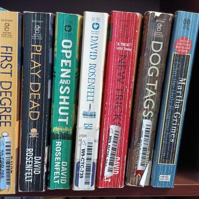 LOT 141: Large Collection of Mystery Novels with Bookshelf Featuring Ngaio Marsi, Martha Grimes, Emily Brightwell & More