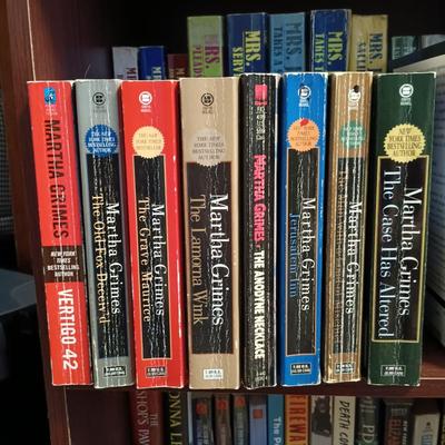 LOT 141: Large Collection of Mystery Novels with Bookshelf Featuring Ngaio Marsi, Martha Grimes, Emily Brightwell & More