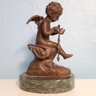 LOT 143: Signed Auguste Moreau Bronze Sculpture of Cupid on a Marble Base