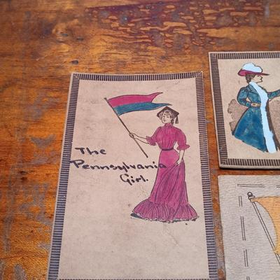 LOT 147: Early 20th Century Leather Postcards, Vintage Lowell Sigmund Brass Postcard, Kopper Kard Copper Postcards & Wood Postcard