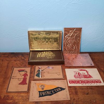 LOT 147: Early 20th Century Leather Postcards, Vintage Lowell Sigmund Brass Postcard, Kopper Kard Copper Postcards & Wood Postcard