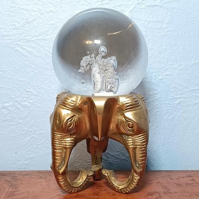 LOT 148: Vintage Controlled Bubble Art Glass Paperweight with Brass Elephant Base / Incense Burner
