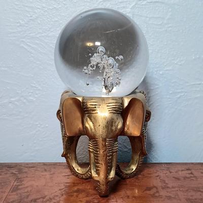 LOT 148: Vintage Controlled Bubble Art Glass Paperweight with Brass Elephant Base / Incense Burner