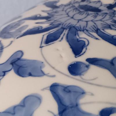 LOT 149: Blue and White Porcelain Chinese Melon Jar with Wood Base