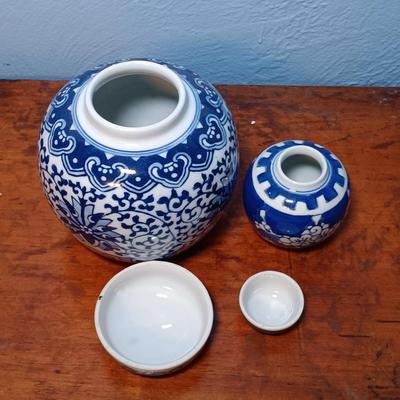 LOT 150: Set of (2) Small Porcelain Ginger Jars, Jehvani Porcelain and Brass Candlestick Holder, Formalities by Braum Bottle & More