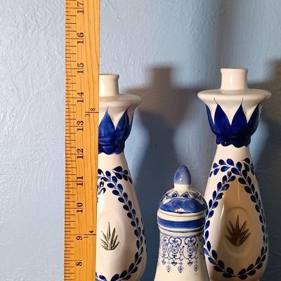 LOT 150: Set of (2) Small Porcelain Ginger Jars, Jehvani Porcelain and Brass Candlestick Holder, Formalities by Braum Bottle & More