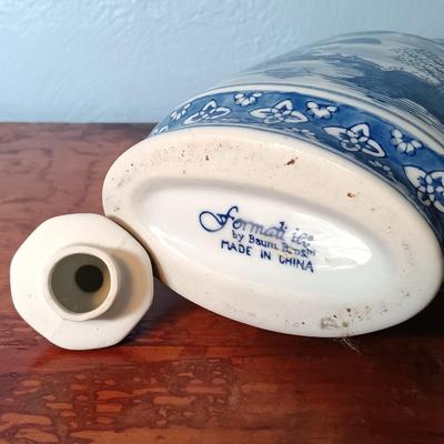 LOT 150: Set of (2) Small Porcelain Ginger Jars, Jehvani Porcelain and Brass Candlestick Holder, Formalities by Braum Bottle & More