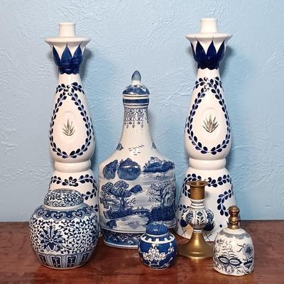 LOT 150: Set of (2) Small Porcelain Ginger Jars, Jehvani Porcelain and Brass Candlestick Holder, Formalities by Braum Bottle & More