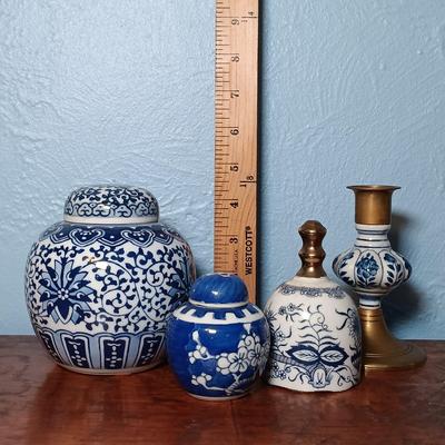 LOT 150: Set of (2) Small Porcelain Ginger Jars, Jehvani Porcelain and Brass Candlestick Holder, Formalities by Braum Bottle & More
