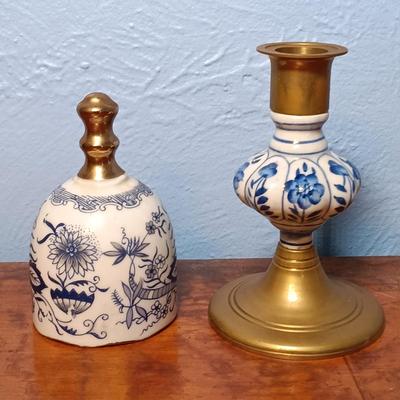 LOT 150: Set of (2) Small Porcelain Ginger Jars, Jehvani Porcelain and Brass Candlestick Holder, Formalities by Braum Bottle & More