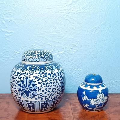 LOT 150: Set of (2) Small Porcelain Ginger Jars, Jehvani Porcelain and Brass Candlestick Holder, Formalities by Braum Bottle & More