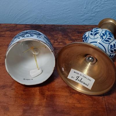 LOT 150: Set of (2) Small Porcelain Ginger Jars, Jehvani Porcelain and Brass Candlestick Holder, Formalities by Braum Bottle & More