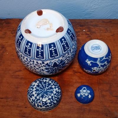 LOT 150: Set of (2) Small Porcelain Ginger Jars, Jehvani Porcelain and Brass Candlestick Holder, Formalities by Braum Bottle & More