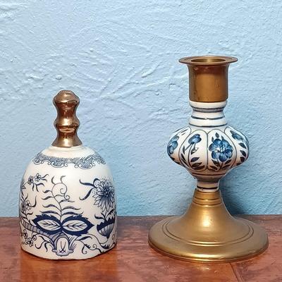 LOT 150: Set of (2) Small Porcelain Ginger Jars, Jehvani Porcelain and Brass Candlestick Holder, Formalities by Braum Bottle & More