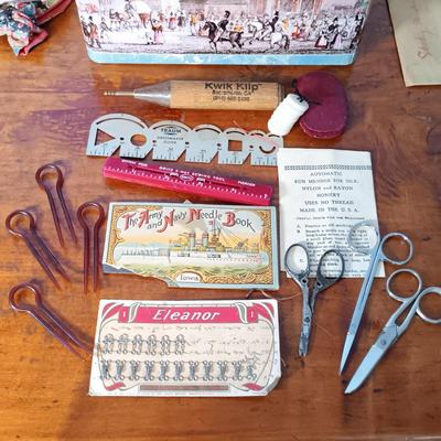 LOT 152: Collection of Sewing Notions Including Glass Sock Darner, Celluloid Hair Pins & More