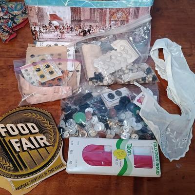LOT 152: Collection of Sewing Notions Including Glass Sock Darner, Celluloid Hair Pins & More