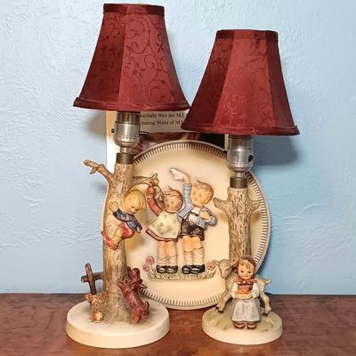 LOT 154: Hummel Goebel Apple Tree Boy and Good Friends Table Lamps with Collectible Plate & Book