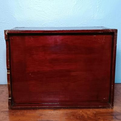 LOT 157: Vintage Chinese Lacquer Vanity Box with Mother of Pearl Inlay and Floral Etched Silver-Tone Fixtures