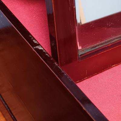 LOT 157: Vintage Chinese Lacquer Vanity Box with Mother of Pearl Inlay and Floral Etched Silver-Tone Fixtures