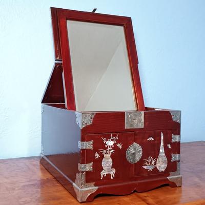 LOT 157: Vintage Chinese Lacquer Vanity Box with Mother of Pearl Inlay and Floral Etched Silver-Tone Fixtures