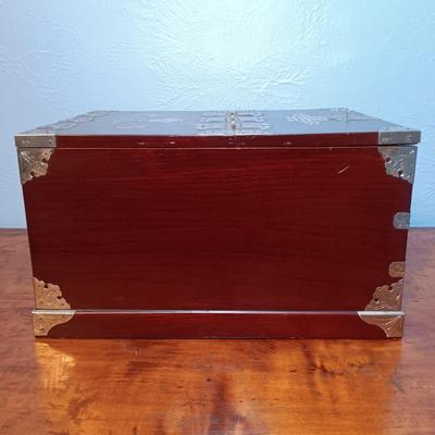 LOT 157: Vintage Chinese Lacquer Vanity Box with Mother of Pearl Inlay and Floral Etched Silver-Tone Fixtures