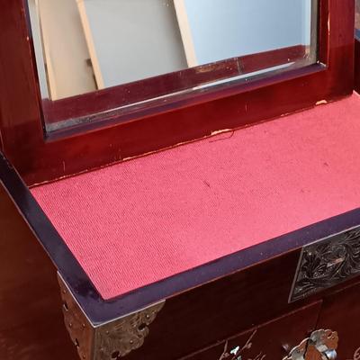 LOT 157: Vintage Chinese Lacquer Vanity Box with Mother of Pearl Inlay and Floral Etched Silver-Tone Fixtures