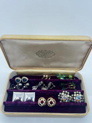 LOT 202J: Vintage Screwback and Clip On Earrings with a Beautiful Purple Velvet Lined Case