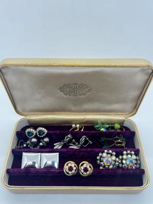 LOT 202J: Vintage Screwback and Clip On Earrings with a Beautiful Purple Velvet Lined Case